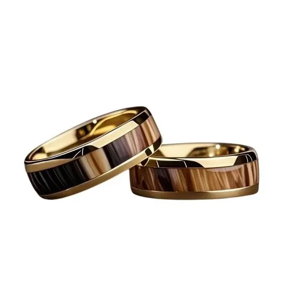 Tungsten Steel Men's Fashion Ring High Polished Brown Marble & gold plated rims - Picture 2 of 5